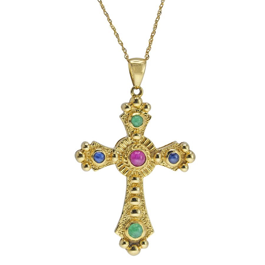 14K Yellow Gold Jeweled Etruscan Cross Pendant - Renaissance Antiques