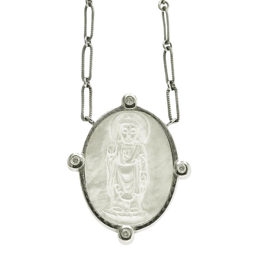 18K White Gold Mother-of-pearl Asian Design Pendant - Renaissance Antiques