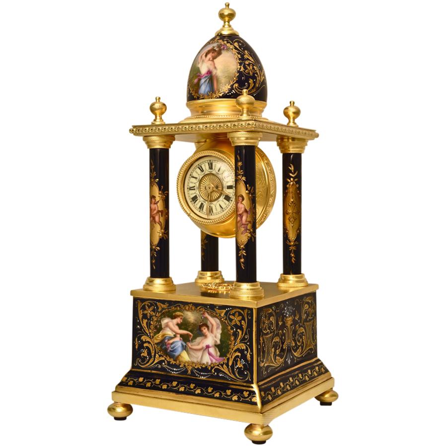 Austrian Miniature Gilt Brass and Porcelain Portico Clock - Renaissance