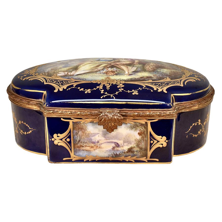 French Sevres Style Hand Painted and Gilt Bronze Porcelain Dresser Box ...